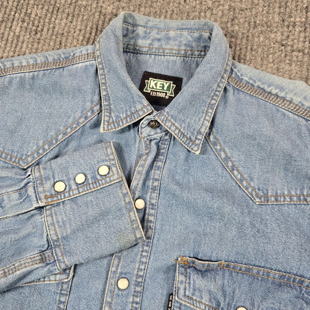 Key Shirt Mens MT‎ Blue Denim Pearl Snap Western Button Up Long Sleeve Workwear